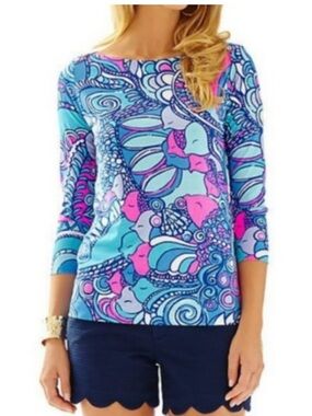 Lilly Pulitzer Alida Sea Jewels Boatneck Fish Print 3/4 Sleeve Top - XS